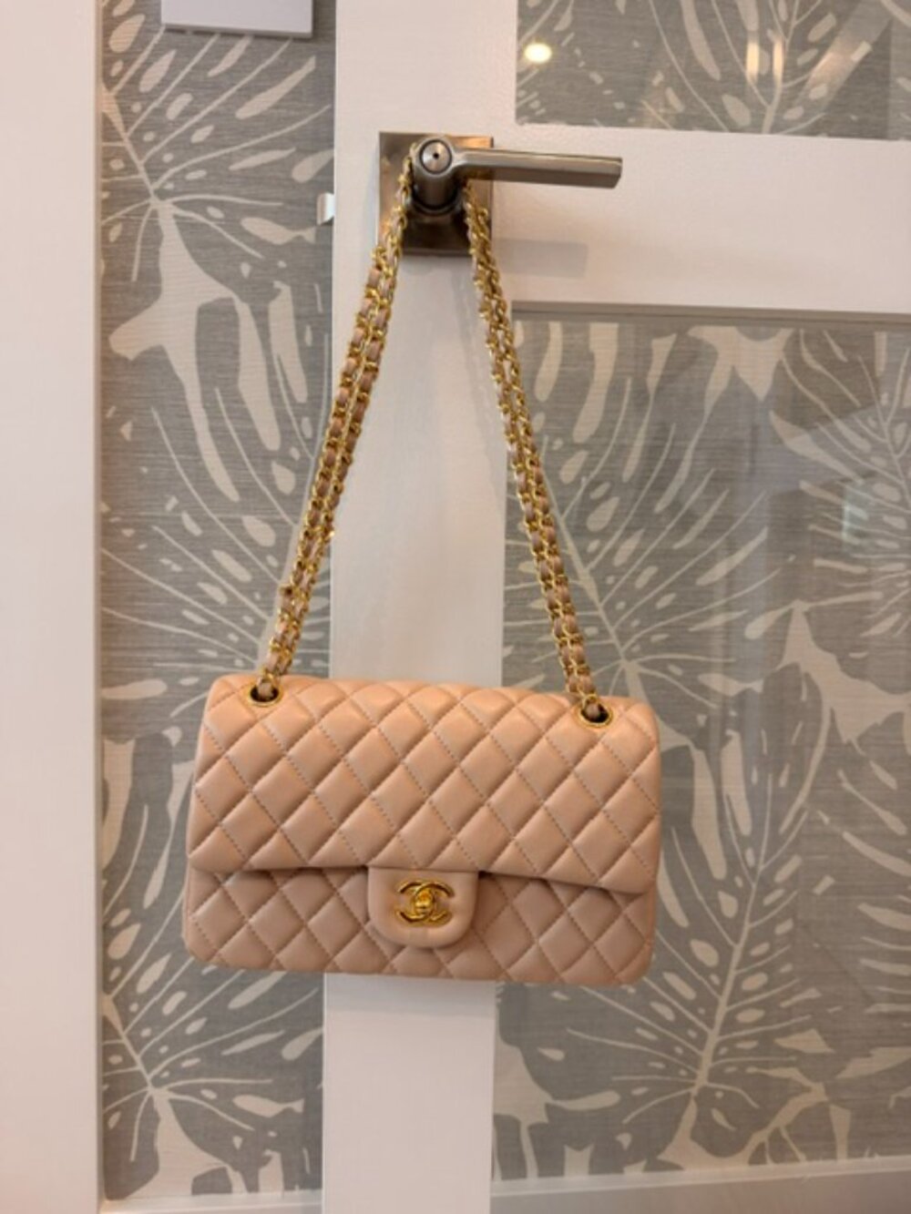 Cream/Beige Leather Quilted Classic Flap Bag with Chain Strap
